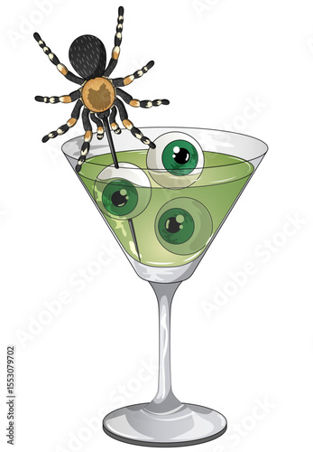 Halloween Party Ghoulish Cocktail with Tranchula Garnish Pin and Edible Eye Balls. Spooky Drink Detailed Illustration