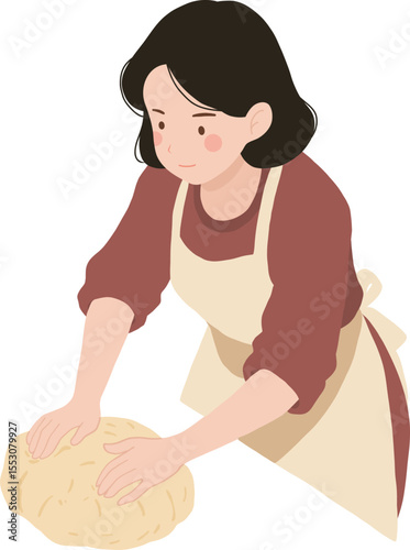 Woman kneading dough illustration isolated transparent background editable vector