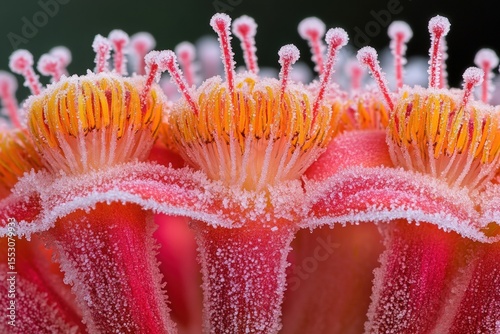 Close-up of vibrant pink and orange flower petals with intricate details, showcasing delicate textures and pollen, highlighting the beauty of nature's design and floral diversity
