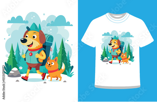 cute dog wearing tiny backpack hiking outdoors vector illustration.