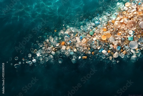 Ocean Pollution Concept with Floating Plastic and Debris in Blue Water
