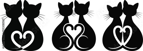 Cat couple silhouette vector, two cats with heart tail icon in black isolated style for design and decoration