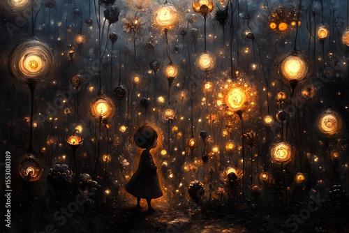 Child in a Dreamy Field of Glowing Lantern Flowers at Night