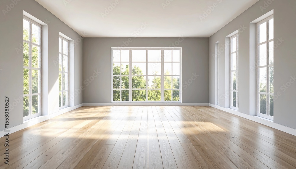 Fototapeta premium A spacious, empty room with large windows allowing natural light to fill the space, featuring light-colored walls and polished wooden floors.