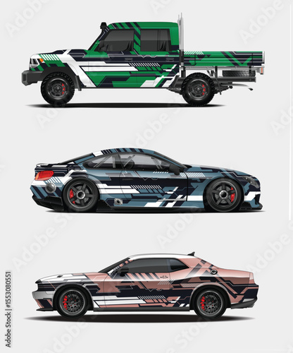 Three Cars with Geometric Wrap Designs in Green Blue and Pink Hues
