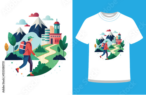 Hiker Leaving a Busy City and Entering the Mountains Urban to Nature Vector Concept.

