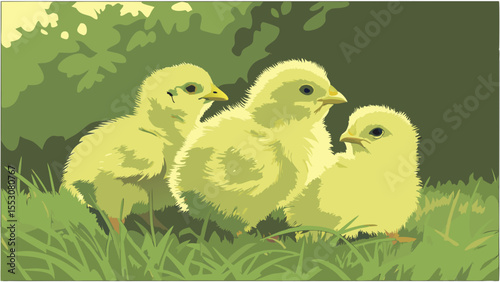 Cute baby yellow Easter chicks and eggs in the green spring grass