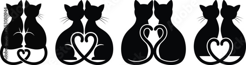 Cat couple silhouette vector, two cats with heart tail icon in black isolated style for design and decoration