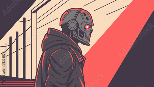 Abstract vector illustration of a scary Halloween house with a person in a black hood and mask, depicting danger and crime