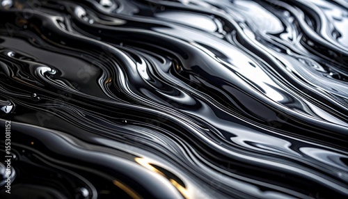 A close-up of glossy black liquid with smooth, flowing, and swirling patterns reflecting light.