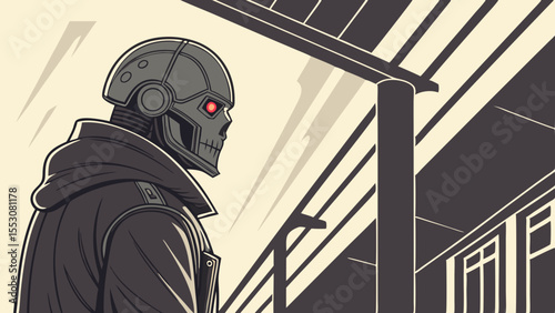 A dark, futuristic cyborg soldier in a black suit and helmet stands under a street lamp in the city of London