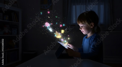 A child, their face illuminated by the soft glow of a tablet, is not consuming content, but actively creating a fantastical, animated world that spills out of the screen and into the room