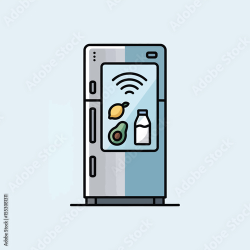 Smart Refrigerator Illustration Featuring Wifi Symbol Lemon Avocado and Milk Bottle on a Light Blue Background