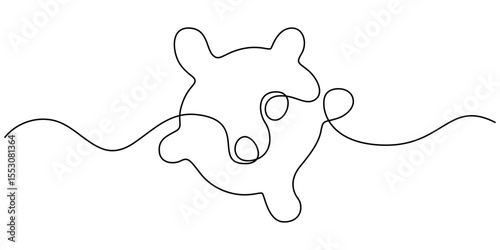 Coronavirus bacteria Virus Cell Icon, virus cell continuous one line drawing, Continuous one line cartoon doodle hand drawn of Virus cell and medicine syringe inside isolated on white background.