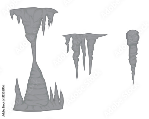 vector design of three stalactite stones which usually hang from the ceiling of a cave, formed from the deposition of minerals contained in dripping water