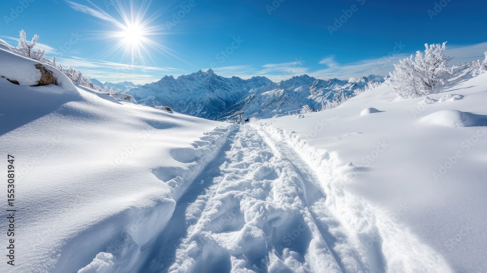 A pristine winter landscape with snow-covered paths leading through majestic mountains, illuminated by bright sunlight, capturing the beauty of winter exploration and serenity. A pristine winter landscape with snow-covered paths leading through majestic mountains, illuminated by bright sunlight, capturing the beauty of winter exploration and serenity.