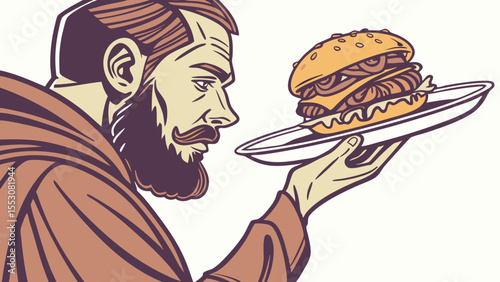 Cartoon illustration of a man eating a fat hamburger