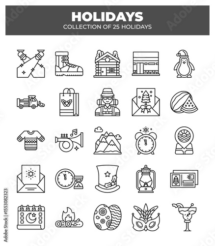 Collection of 25 Holidays. Festive Travel. Winter & Summer Vacation Icons