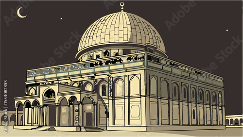 Ancient Islamic architecture of the Dome of the Rock mosque, a Jerusalem landmark, under the old city sky