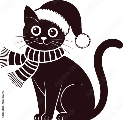 Christmas cat silhouette vector, cat with santa hat and scarf icon in black isolated style for design and decoration
