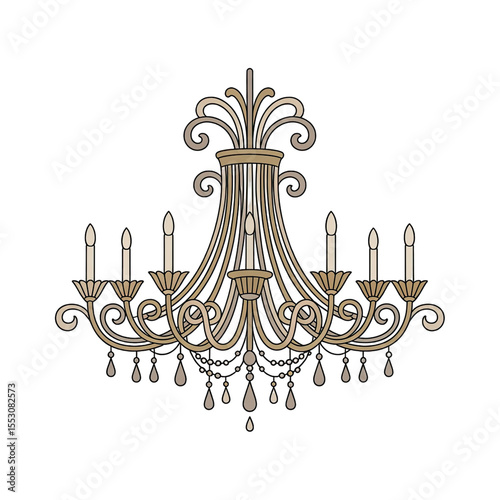 Elegant chandelier with candles and crystals on a transparent background in a vector illustration