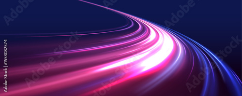 Long exposure, light painting photography. Vibrant streaks of neon blue and pink color against a black background. City road car light trails motion background.