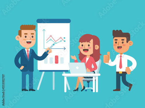 Flat Design Business Meeting Illustration – Team Presentation with Graphs and Laptop on Turquoise Background