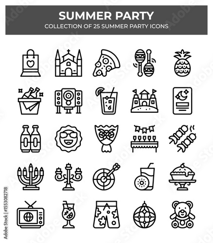 Summer Party Icons. A vibrant collection of 25 summer party icons