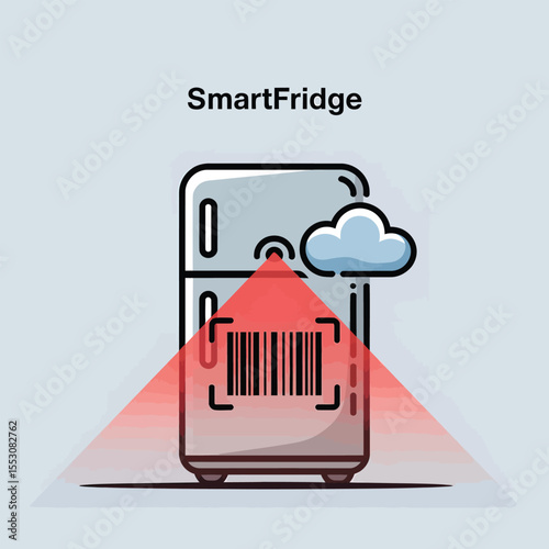 Smart Refrigerator with Red Laser Scanner Beam Targeting Barcode on Door Connected to Cloud Icon Light Gray Appliance Modern Technology Illustration