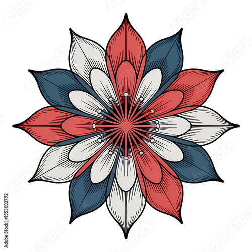 Colorful floral pattern with red white and blue petals on a transparent background illustration