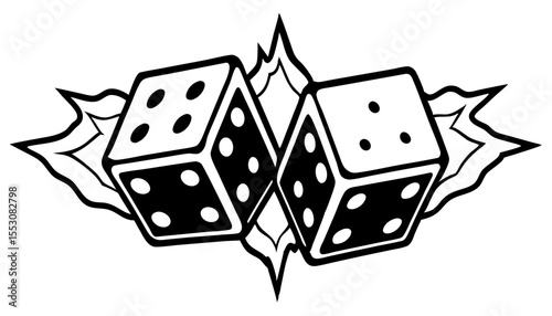 Black and white illustration of two dice in a bold street art style.