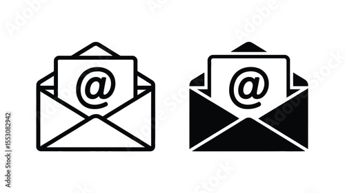 Email Icon Set – Modern Vector Envelopes with Protruding Notes and @ Symbol, One in Outline and One in Solid Black for Messaging, UX Design, or Digital Communication Themes