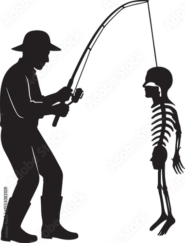 Fisherman reeling in a fishbone version of himself.