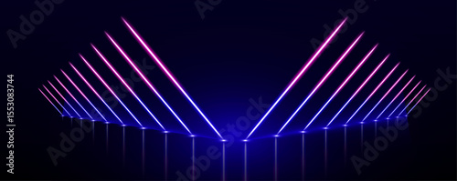 Laser show in a аuturistic corridor. Neon lamps light up a dark tunnel with reflected arrows guiding the way. The sharp contrast of blue and ultraviolet hues draws attention to the glowing direction.	