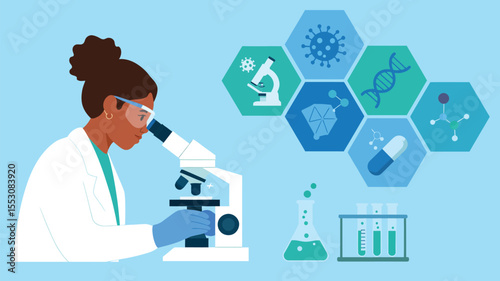 Microscope Research Scene – Scientist Illustration with DNA, Virus, and Lab Symbols in Minimalist Style.