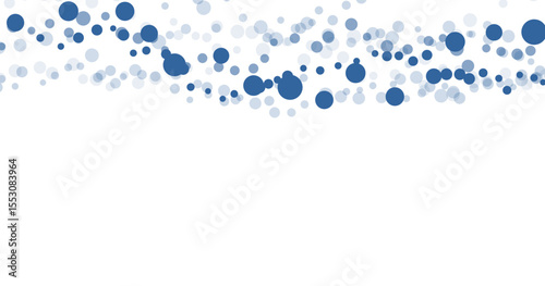 A flowing wave of translucent and opaque blue circles and dots creates a dynamic and airy abstract background design with a clean white space below