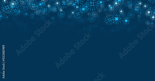 A festive background with a scattering of stylized blue starbursts and snowflakes across the top against a deep navy blue backdrop creating a celebratory winter or holiday atmosphere