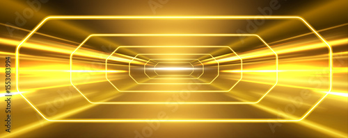 Abstract space tunnel interior. Yellow neon light illuminating an endless geometric tunnel creating. Shining gold beams form luminous perspective pathway for motion.