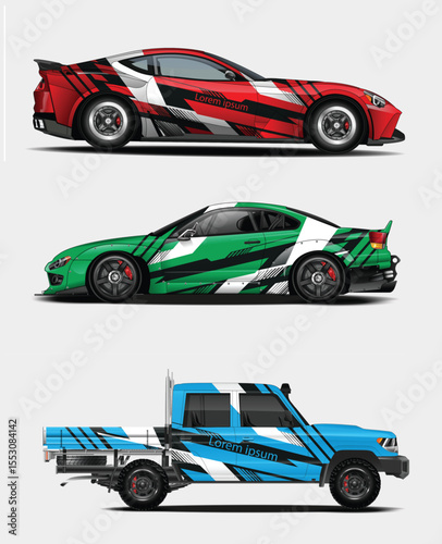 Three Cars with Abstract Graphics Red Sports Car Green Coupe and Blue Truck