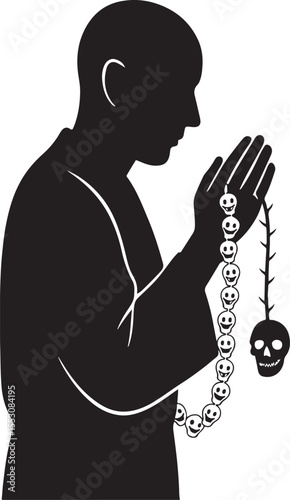 Monk's prayer beads are tiny skulls, each carved with smiley faces