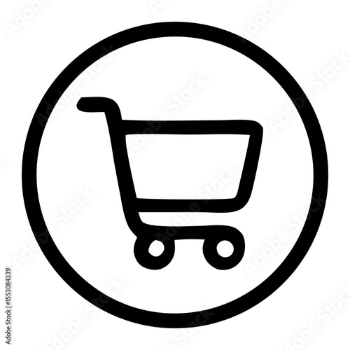 Handdrawn Outline Shopping Cart in Circle, E-commerce Icon Illustration