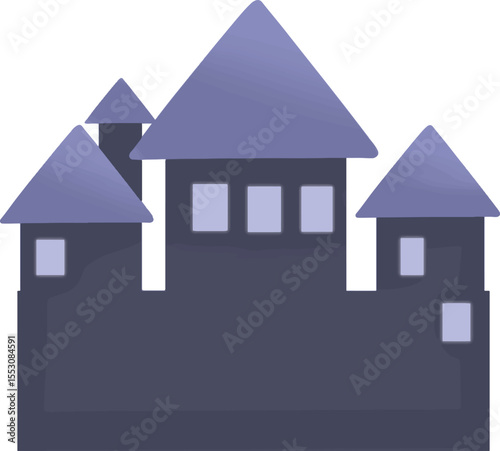 A purple castle with three turrets on top.