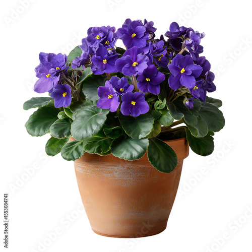 A potted saintpaulia african violet plant with vibrant purple flowers and green leaves isolated on transparent background