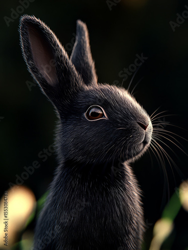 Black rabbit poses gracefully, highlighting its soft fur and attentive gaze among blurred greenery during daylight
