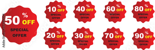 Discount sale off tag, 50, 20, 10, 40, 30, 60, 70, 45, 90, 5, 15 percentage .Percentage discount offer sale tags set in rounded zig zag circle in red color with stars.