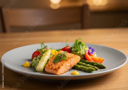 Exquisite grilled salmon dish served with fresh vegetables and vibrant herbs, a culinary masterpiece on a stylish plate.