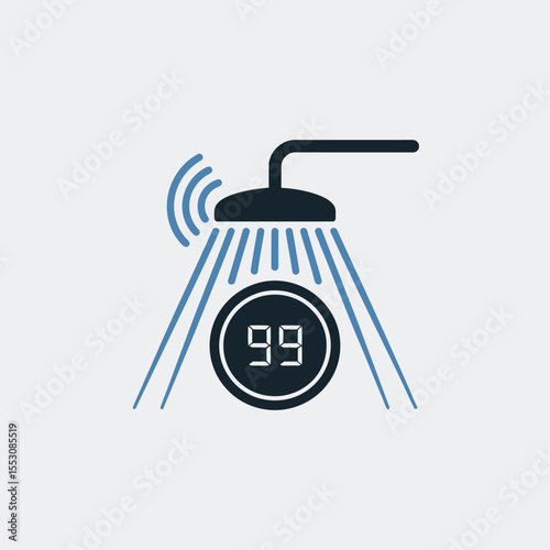 Smart Showerhead Icon Digital Timer Displaying Ninety Nine Water Flowing Blue Lines Dark Blue Showerhead