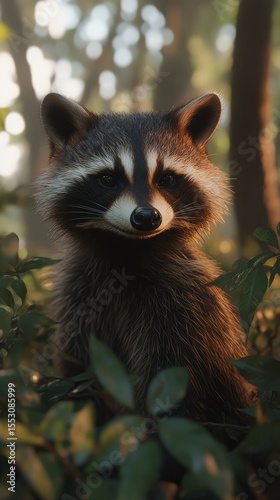 Raccoon poses among lush greenery in a forest setting, its fur shining softly in the warm light of sunset, embodying wild elegance and curiosity