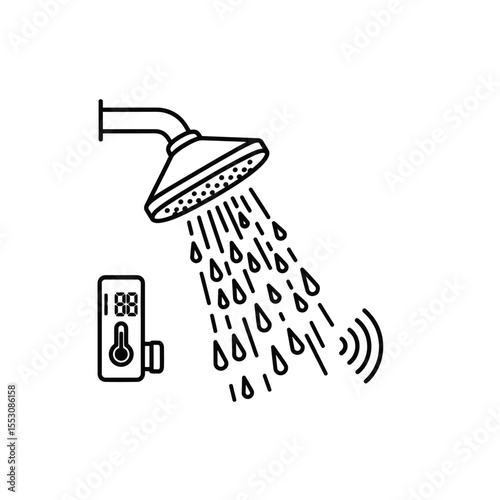 Smart Showerhead Icon Line Art Illustration Water Flow Temperature Control Digital Display Wireless Technology Bathroom Fixture