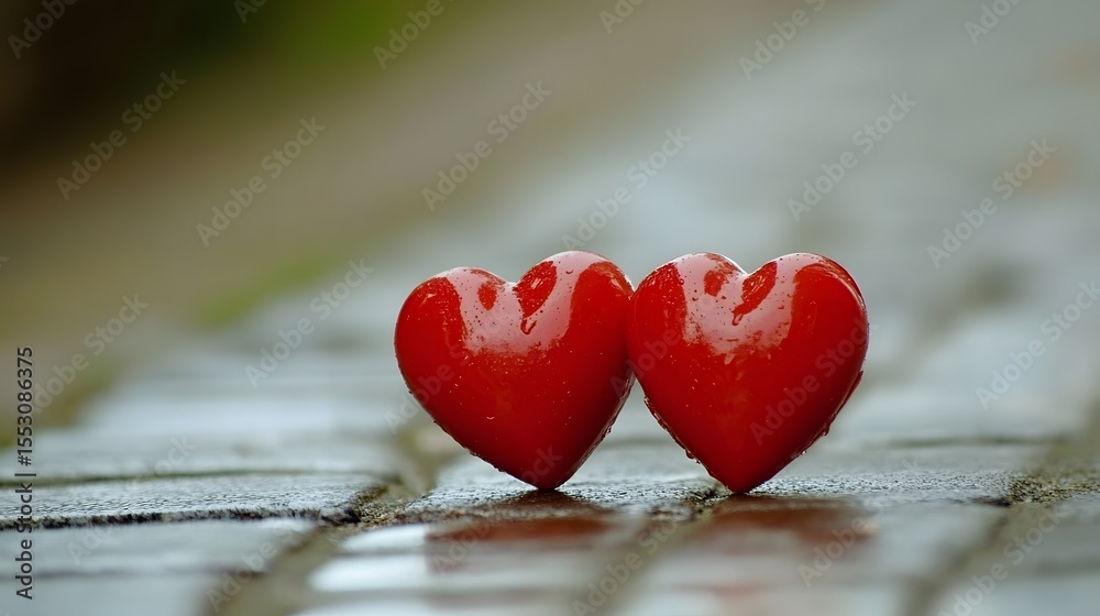 Fototapeta premium Two Red Hearts Wet Rainy Day Romance